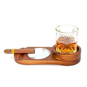 Acacia Cigar Ashtray Wood Metal Whiskey Bourbon Coaster Tray 2 Piece Set NWOB